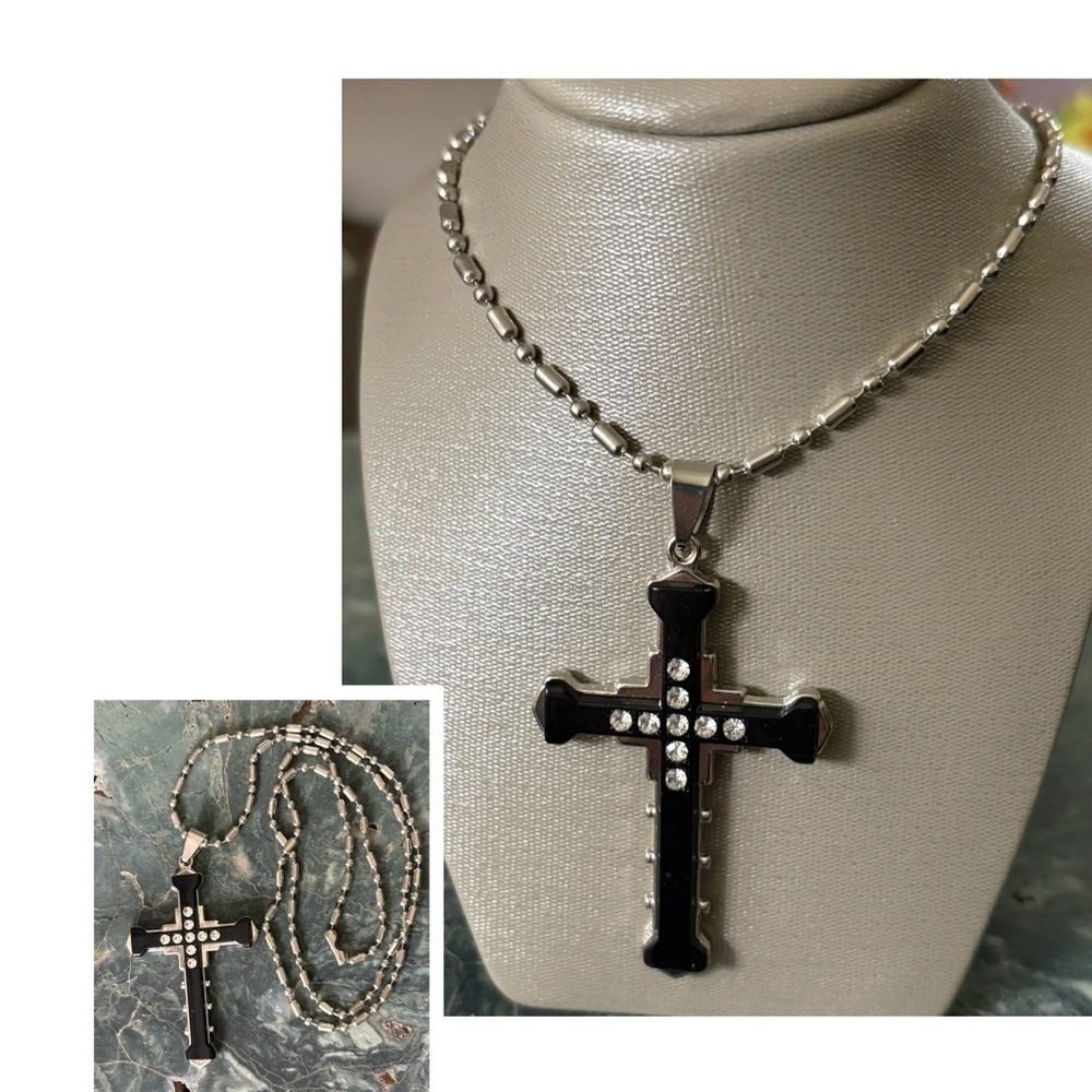 Black/Silver Clear Rhinestone Cross Pendant Chain Necklace